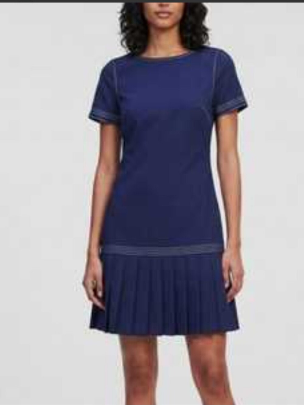 Karl Lagerfeld Paris Navy Topstitch Pleated Drop Waist Mini Dress Size 2 EUC
